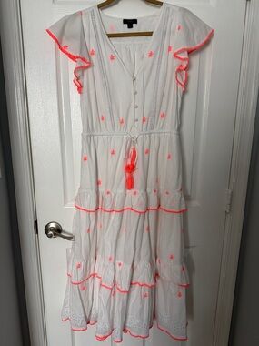 J. Crew White Tiered Dress with Neon Embroidery & Tassels - size 8 - 100% Cotton